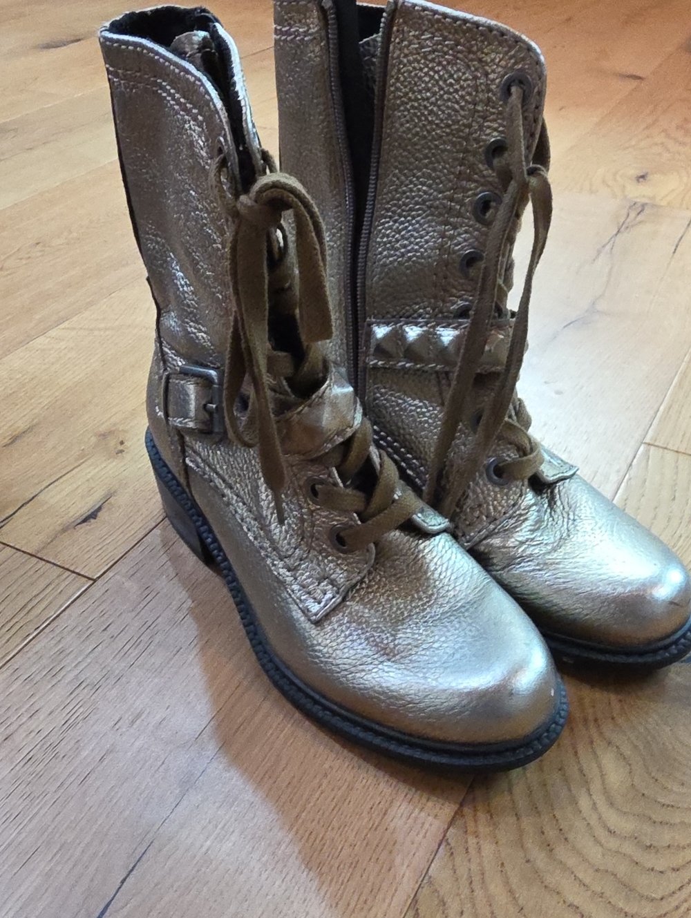 Guess Metallic Gold Lace-Up Combat Boots with Buckle